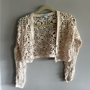 Jamie Scott Crochet Knit Bolero Cardigan Cream Open Knit Boho Shrug Medium